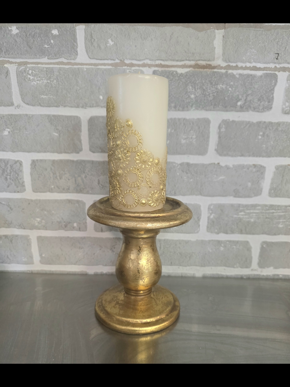 Gold Decorative Candle Holder with Ivory Embellished Candle - Home Accents